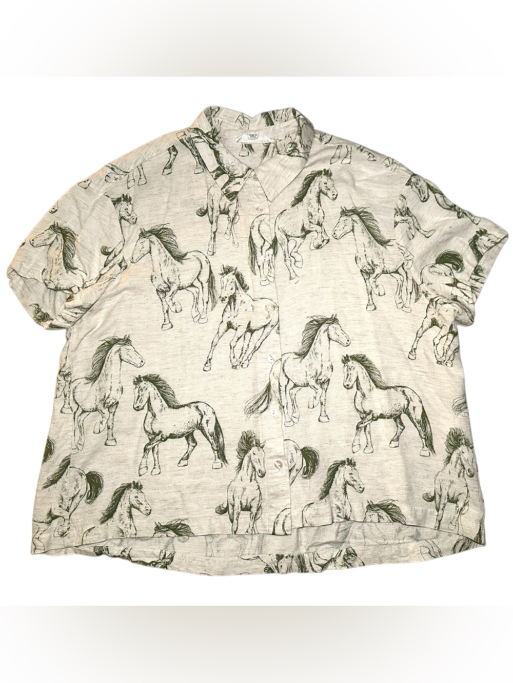 Linen Blend Cropped Horse Print Blouse